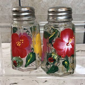 Vintage Hand Painted Glass Salt And Pepper Shakers Floral Ladybug Bubbles